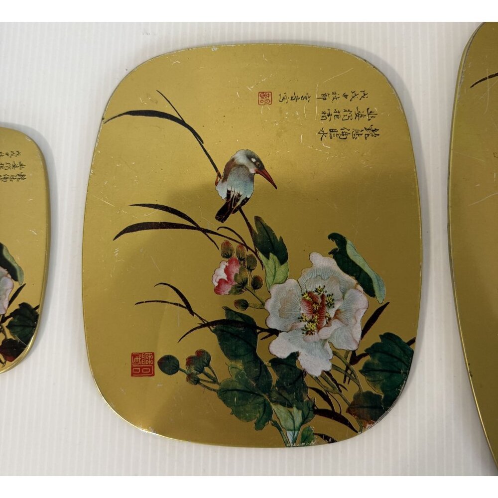 Asian Bird Floral Trivet Set of 3 Golden Serving Coaster w/Cork Back Vintage - Picture 3 of 13